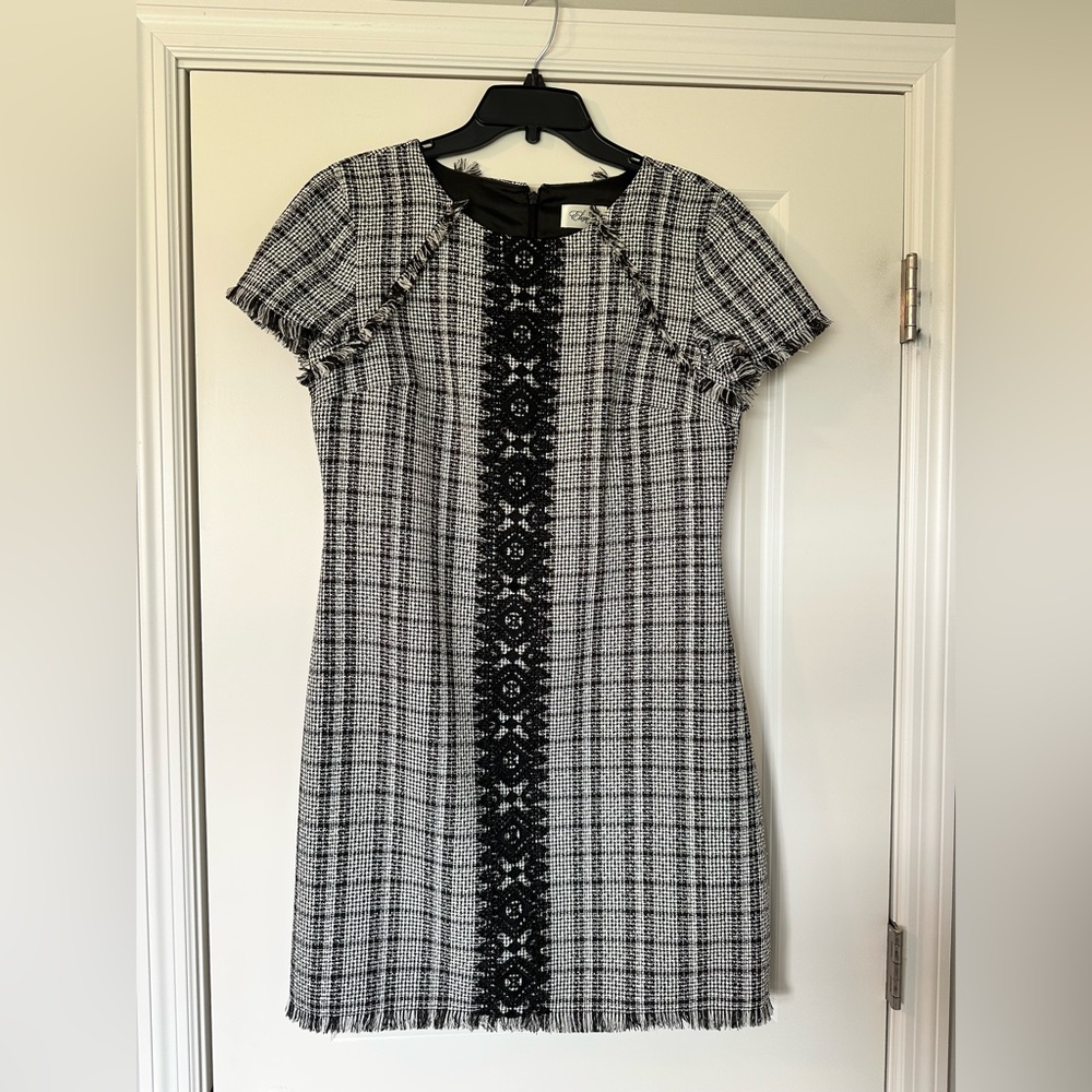 Eliza J Tweed fringe Lace placket Details Dress